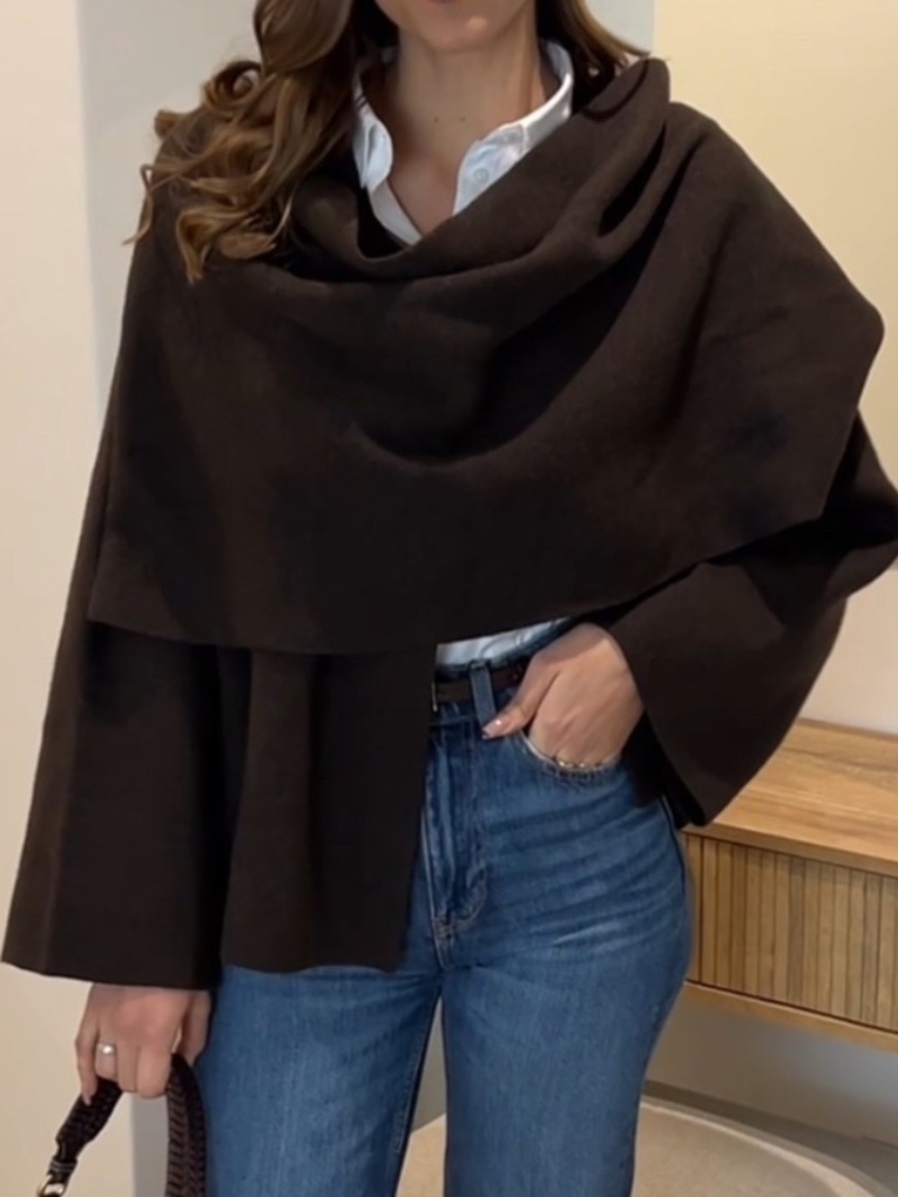 ZARA KNIT SCARF COAT BROWN - Picture 2 of 4